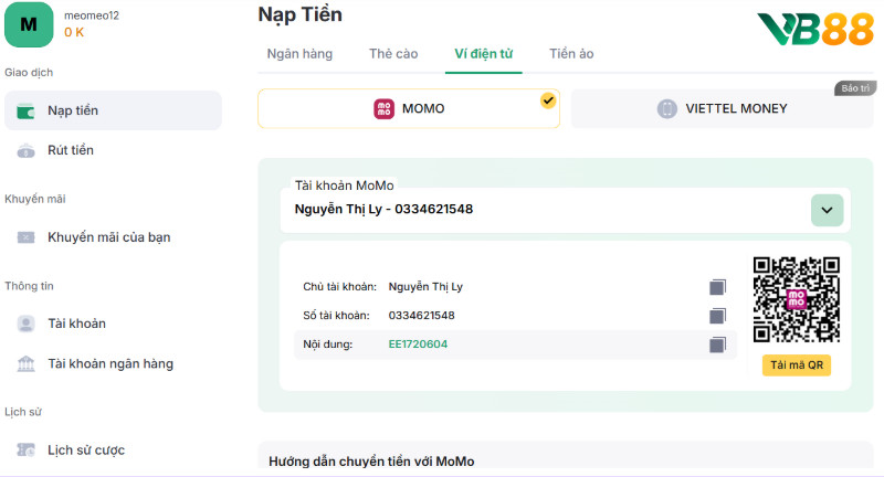 Chọn Gửi Tiền Vào Tài Khoản Vb88 Từ Ví Điện Tử