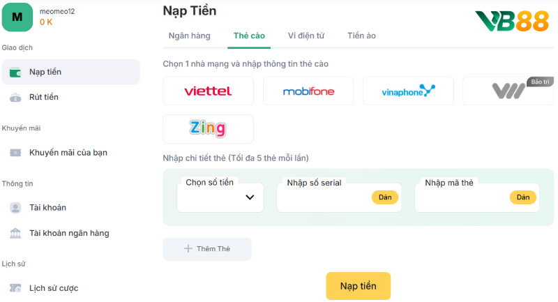 Chọn Nạp Tiền Vb88 Từ Thẻ Cào Điện Thoại