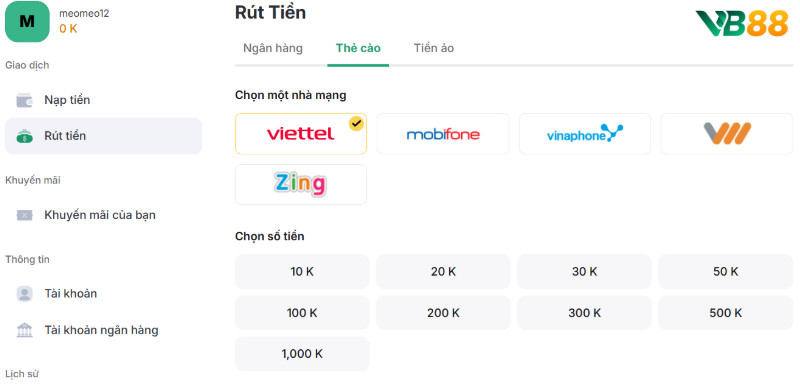 Rút Tiền Từ Nhà Cái Vb88 Về Dạng Thẻ Cào